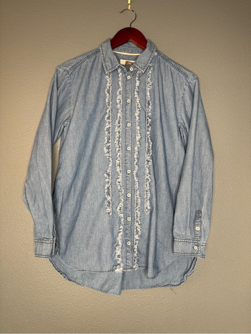 Pilcro Anthropologie Chambray Ruffle Button Down Shirt Small Cotton